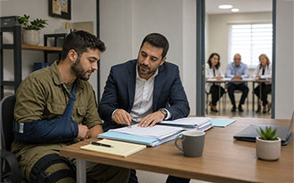 פצוע צה"ל ועורך דין מתכוננים יחד לדיון בפני ועדה רפואית של אגף השיקום, תמונה AI
